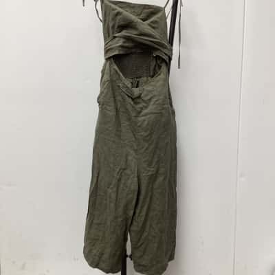 Aulieude - Brooke  - Wide Leg Wrap 100% Linen Jumpsuit - Sz 10 Womens Green / Khaki 