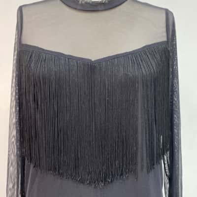 Nouvida Womens  Size L Long Sleeve Mesh & Tasseled Top Black  