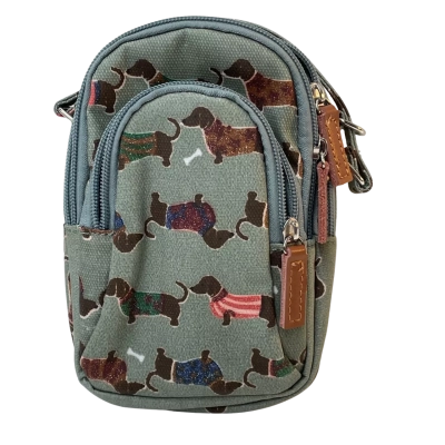 Sophie Allport Fetch cross body bag. Sage Green with Dachshund prints 