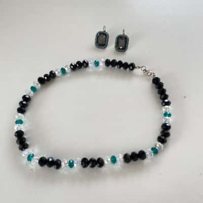 925 Sterling Silver Set Of Earrings And Beaded Necklace