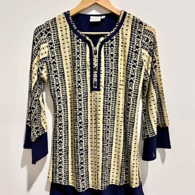 La Fille Womens  Size L 3/4 Sleeve Top Blue / Multicoloured / Mustard / Natural 