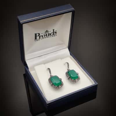 Beautiful New 6.6ct Green Agate Drop Earrings With Marcasite/925 Silver Setting