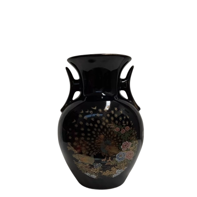 Vintage Japanese Black Porcelain Peacock Vase