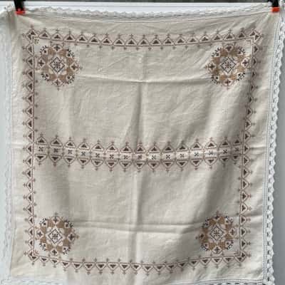 Square cross stitch table cloth cream lace 