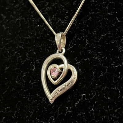 925 Silver Necklace, With Heart Pendant, Pink Gem, And Engraving 