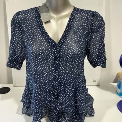 Katies Womens  Size 14 Button Up Top Navy Blue / Polka Dot 