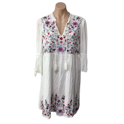 Y.A.S. Womens Size L White / Multicoloured  Embroidered Pattern Mini Dress 