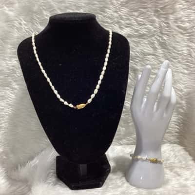 Women's  Vintage Rice Pearl Bracelet & Necklace Set