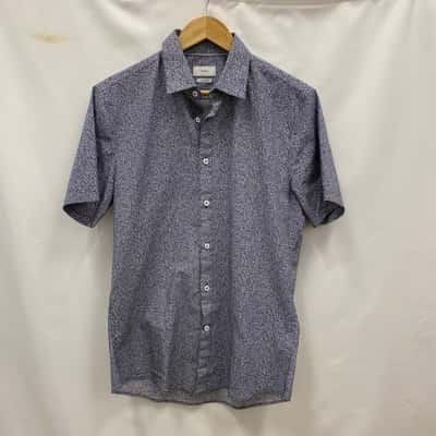 Saba Mens Size S Short Sleeve Cotton Shirt Navy Blue / White 