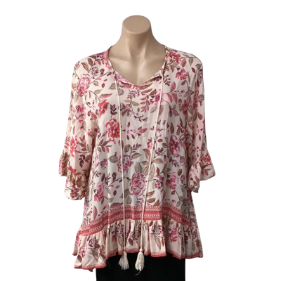 New U Collection Womens Size 8 Pink / Coral / Brown Floral Frilly Short Sleeve Top