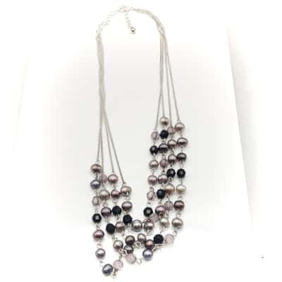 Stunning 52cm Long 4 Strand Grey, Mauve & Oyster Coloured Freshwater Pearl Necklace With Grey & Black Spacers
