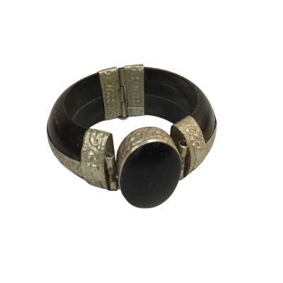 Vintage Hinged Wooden Bangle with Black Stone and Silver Plated Metal Fittings 