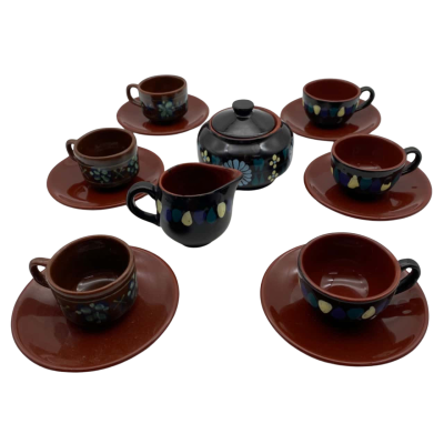 6x Vintage Hungarian Varoslod Majolica Pottery Cups & Saucers with Creamer & Sugar Bowl