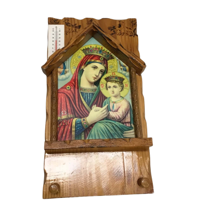 Vintage Greek Christian Orthodox Wooden Wall Ornament With Hooks & Thermometer 