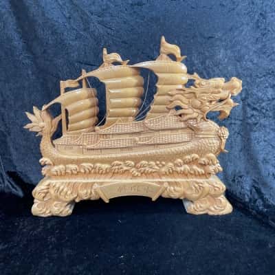 Vintage Large Chinese Carved Wooden Dragon Boat 