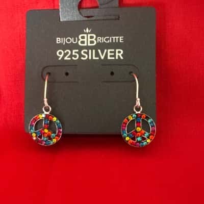  Women's 925 Silver Peace Sign Earrings featuring Colourful Rhinestones 