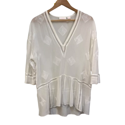 Sass & Bide Womens  Size L Off White Embroidered 3/4 Sleeve Top 