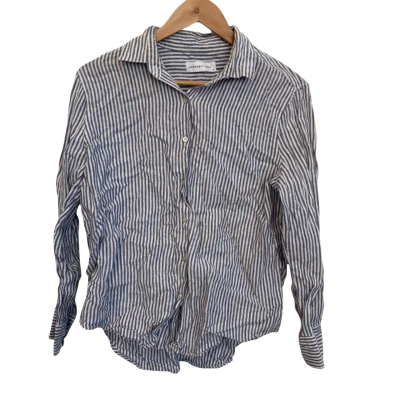 Assembly Label Womens Linen Size 8 Button Up Top Navy Blue / Pinstriped / White 