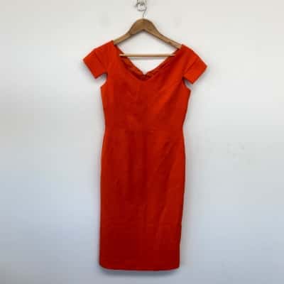 Karen Millen Orange Structured Crepe Cross Detail Midi Dress Size 8 