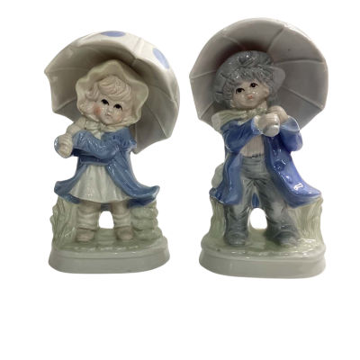 KPM Porcelain Rainy Day Girl & Boy Vintage Figurines x2