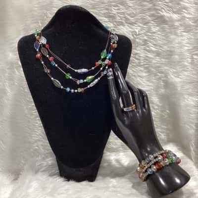  Womens Multicoloured Beaded Bracelet, Necklace & Ring 