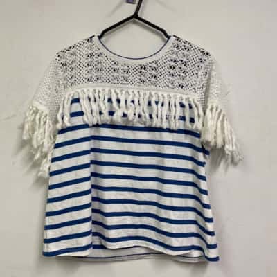 Piper Womens  Size L Short Sleeve Top Blue / Striped / White 