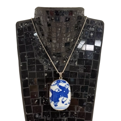 Unique Japanese Porcelain and Sterling Silver (925) Pendant Necklace