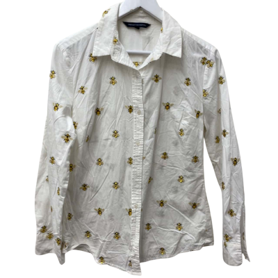 French Connection Womens  Size 8 Long Sleeve Shirt White -100% Cotton - calling all bee lovers !