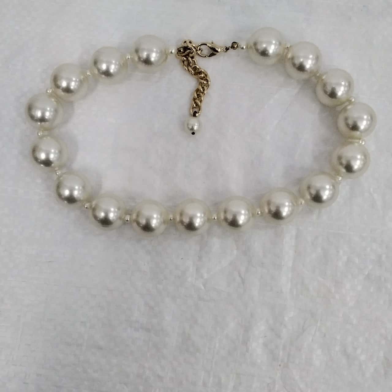 Choker Style White Small Faux Pearl Beaded Necklace on Brass Chain with Matching Earrings