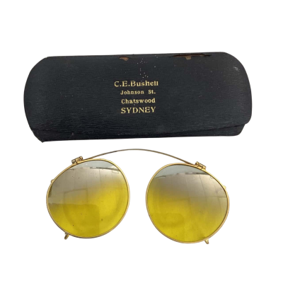 Vintage Unisex Clip on Sunglasses Gold Tone Frame with Yellow Lens and Case