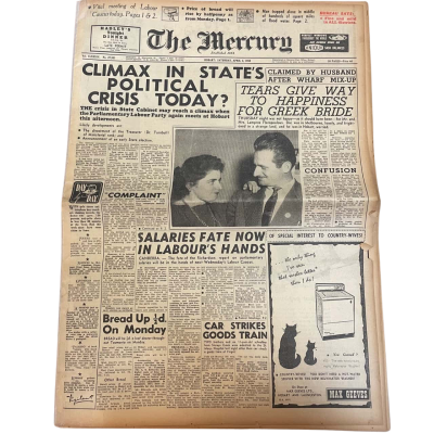 Vintage ‘The Mercury’, Tasmanian Newspaper Saturday April 4 1959