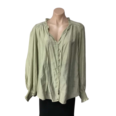 Label of Love Womens Size L Sage Green Button up Tie Neck Long Sleeve Top 