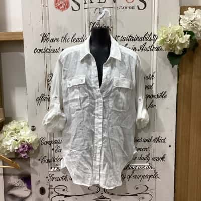 Witchery Brand! 100% PURE ORGANIC LINEN SHIRT COLLAR BUTTON UP SHIRT! Womens  Size 10 Button Up Top / Long Sleeve Shirt / Long Sleeve Top White 