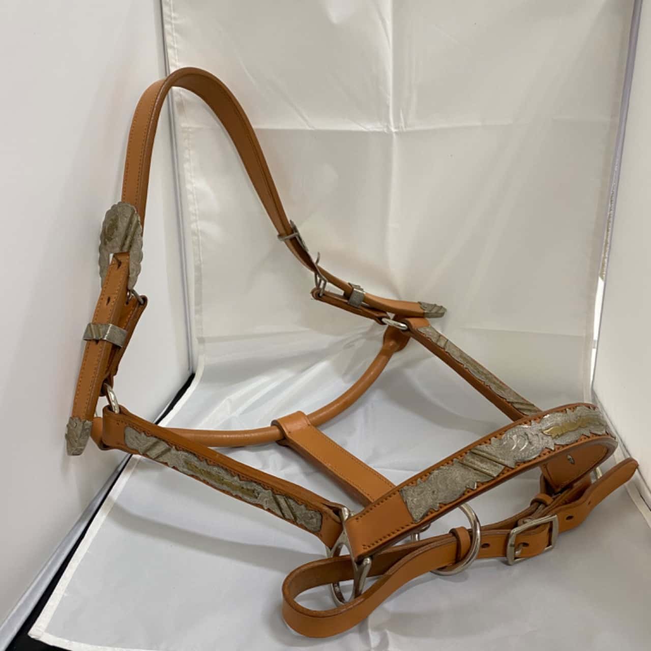 Leather Horse Show Halter with silver metal trim