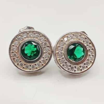 Stunning Faux Emerald & C.Z. Set Stud Earrings In 925 Silver
