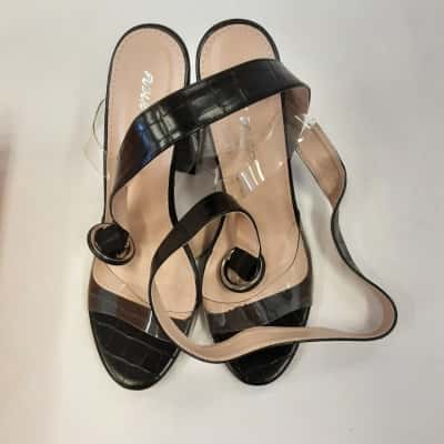 Public Desire Womens  Size 6 Heels / Sandals Black  Featuring a Combination of Clear Transparent Perspex Vinyl Straps Embossed Faux Leather 