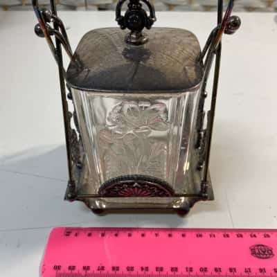 Antique silver and glass pickle castor complete w lid stand jar