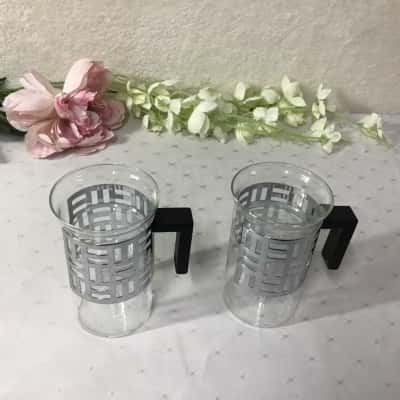 Set of 2 Bodum Art Deco Pattern Stainless Steel Glass Coffee Cups 