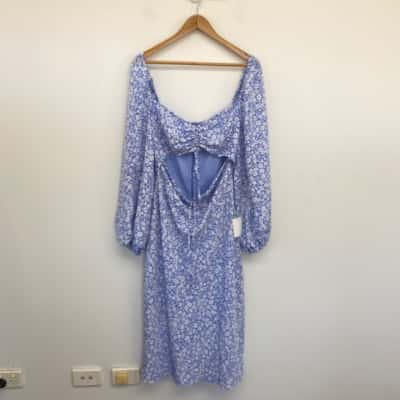 Savel Blue White Floral Cut Out Long Sleeve Midi Dress  Size 14 