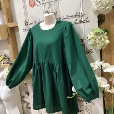 Atmos&Here Brand! BABYDOLL DRESS! LINEN/ COTTON BLEND! Womens  Size 16 Babydoll Dress / Long Sleeve Dress / Midi Dress Green 