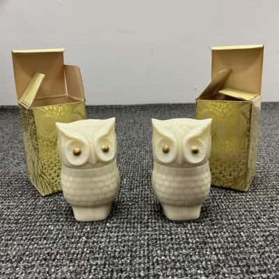 Vintage 1970s Avon 'Precious Owl' Cream Sachet in Box x 2 - made from Milk Glass