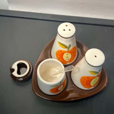 Made in Japan vintage retro salt pepper and sugar jar/shaker set with tray 