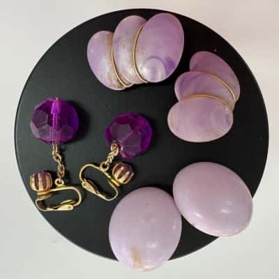  Vtg. Set of 3 Clip on Earrings Gold / Purple 