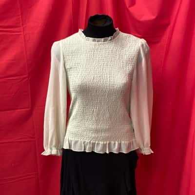 Decjuba Womens  Size 12 Pale Green Shirred Top with Sheer Sleeves and Frill