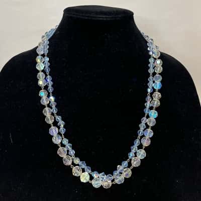 2 Iridescent Glass Beaded Necklaces - Icy Blue, Clear