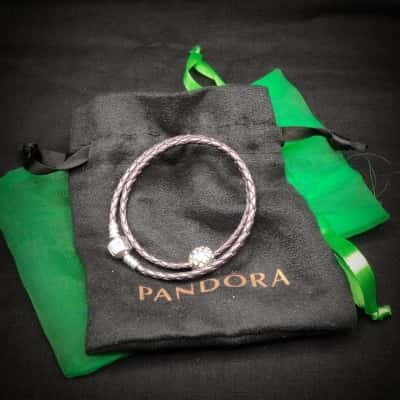 Pandora Leather Bracelet /925 Clasp With Pink Enamel "Lotsa Love" Flower Charm + C.Z. Stones 16cm Long/Worn Double In Original Pouch