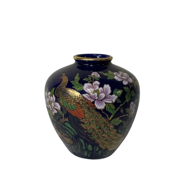 Japanese Cobalt Blue Peacock & Floral Pattern Porcelain Vase