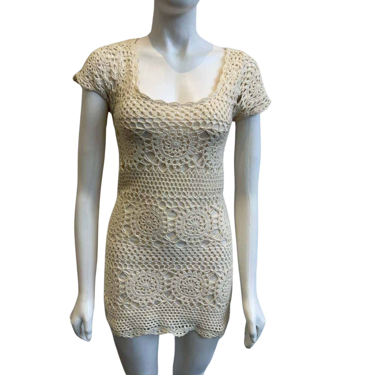 Forever New Women's Size 6 Crochet Knit Short Sleeved Mini Dress Cream (s)