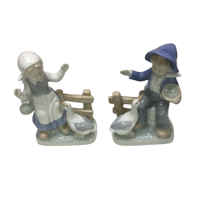Two Vintage Dutch Boy & Girl With Geese Porcelain Figurines - Made In Japan