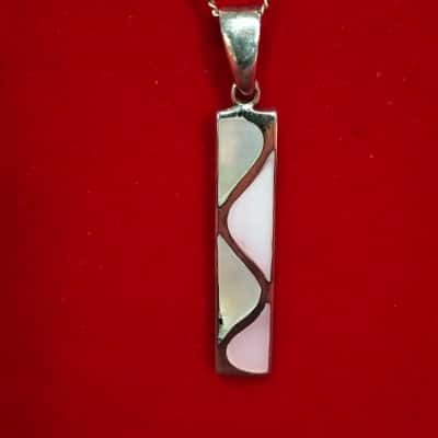 Women's Necklace Silver 925 Rectangle Pink/White Enamel